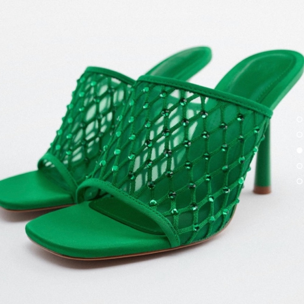 NWT Zara Green Square Toe Rhinestone Mesh Mule Stiletto Heels